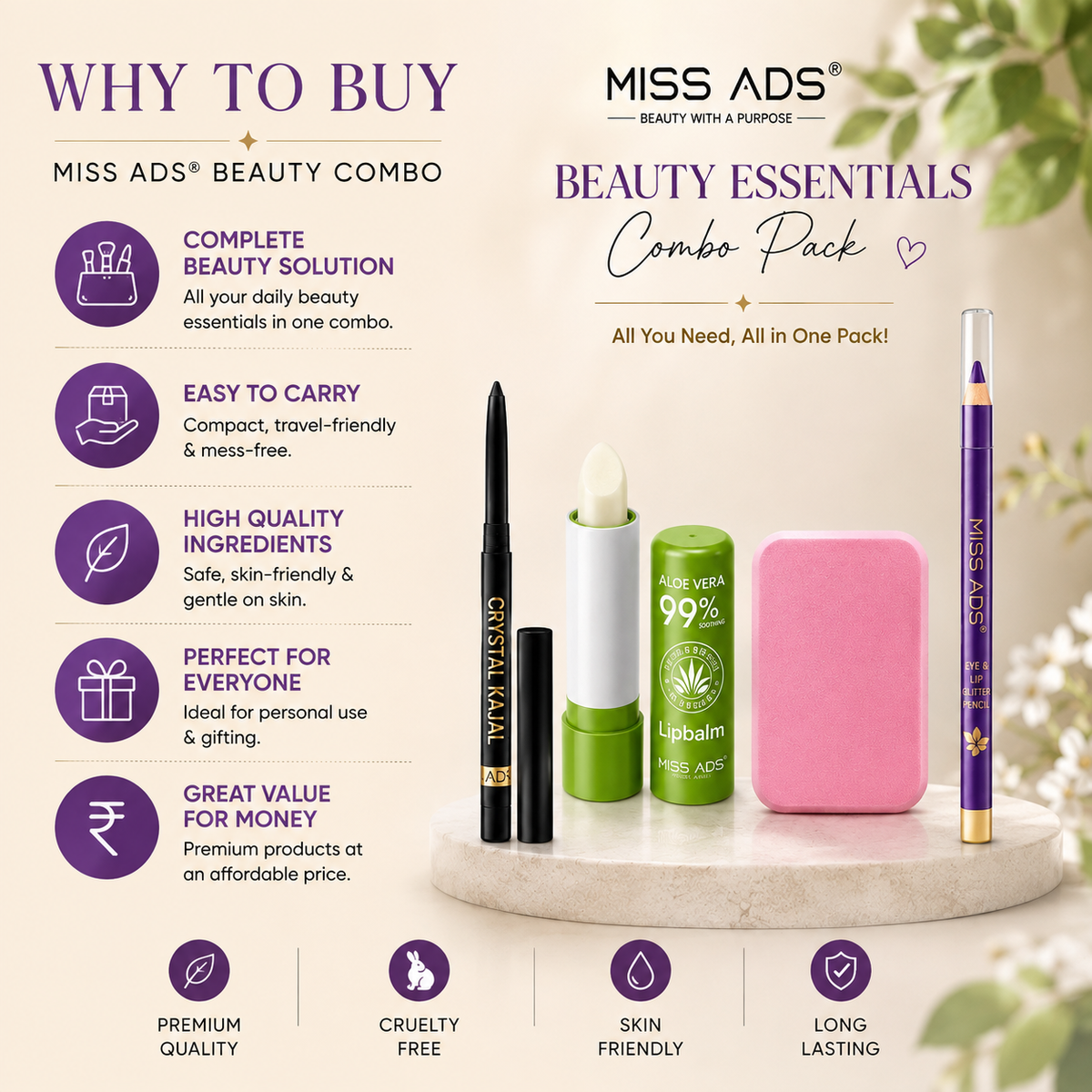 MISS ADS COMBO (KAJAL, LIPBALM, EYE/LIP PENCIL, BLENDER)